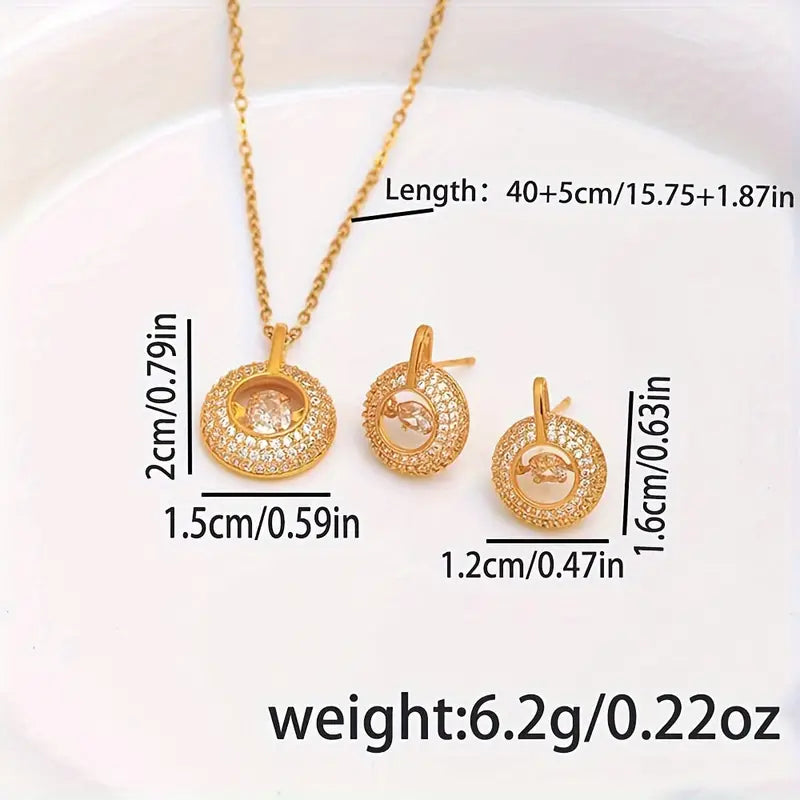 Hollow Round Jewelry Set 18K Plated Stainless Steel Zircon Earrings And Necklace Set Luxury Elegant Style Wedding Party Jewelry Set For Women Gifts For Valentine's Day