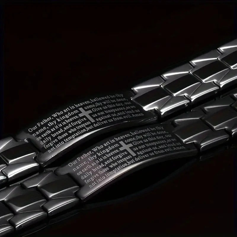 1pc Stylish Stainless Steel Cross Bracelet For Men, Cool Engraved Black Glossy Bracelet, Perfect For Holiday Gifts