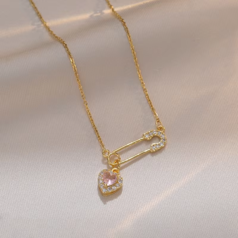 1 Pcs niche design pin love copper pendant with stainless steel chain combination of light luxury style jewelry items