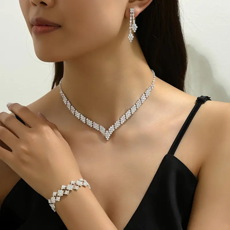 1 Pair Dangle Earrings + 1 Necklace + 1 Bracelet - Exquisite Elegant Jewelry Set Featuring Paved Shining Zirconia, Perfect for Engagement, Wedding, and Anniversary Celebrations - Luxurious Gift Idea for Her