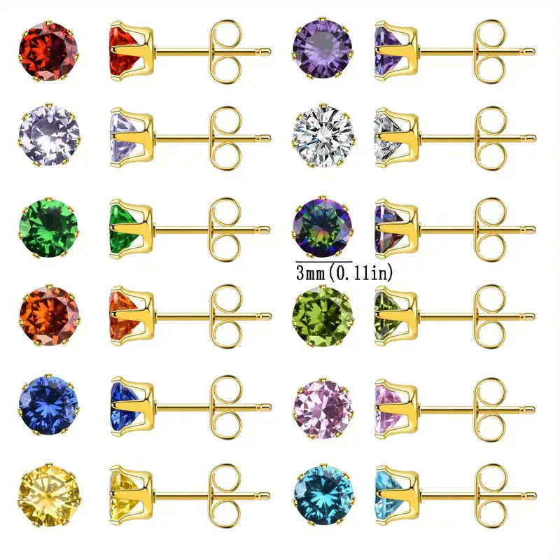 24 Pieces Hypoallergenic Earrings 316L Stainless Steel With Colorful Shiny Zircon Decor Stud Earrings Set Simple Style 14K Plated Jewelry Female Gift