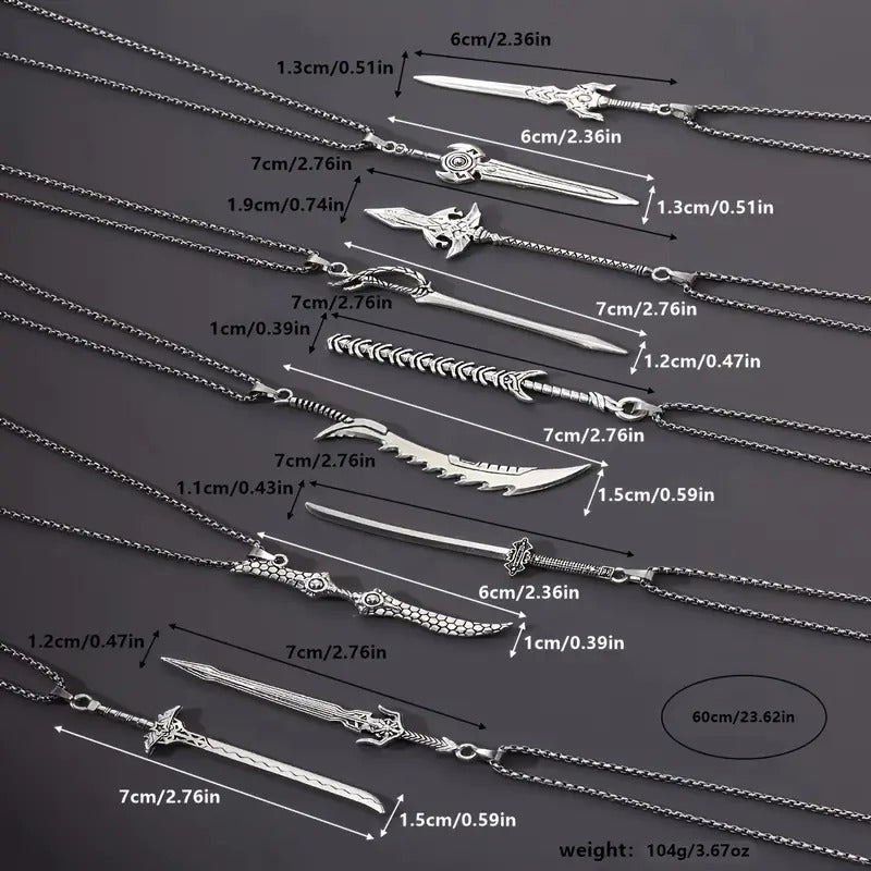 10pcs Punk Style Stainless Steel Sword Pendant Necklace, Fashion Pendant Necklace For Men