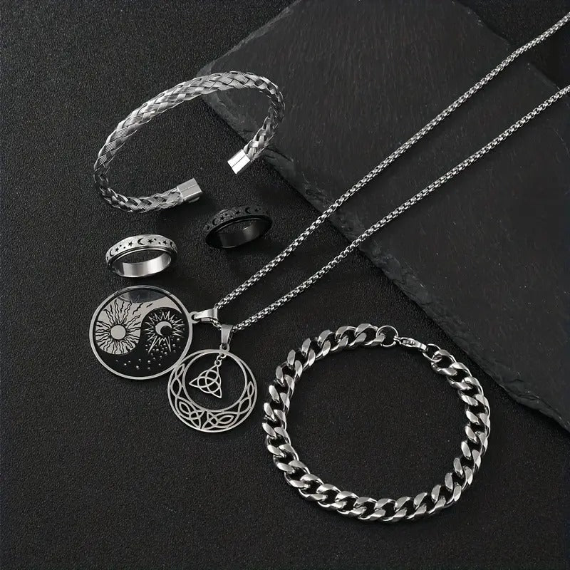 5pcs Men's Viking Fashion Stainless Steel Jewelry Set, Simple Open Bracelet Rings Necklace Jewelry For Men Women