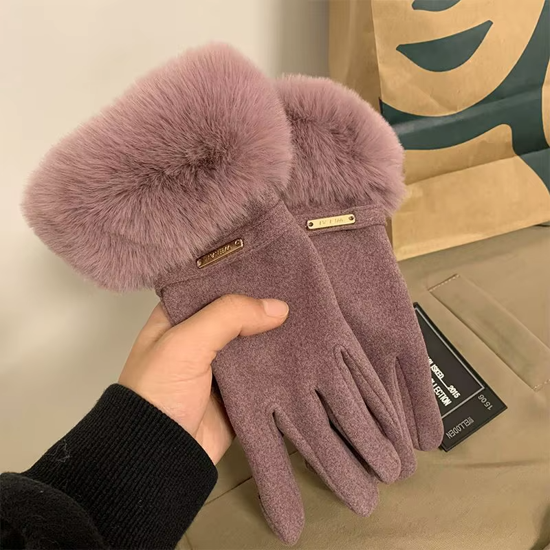 Winter Women Keep Warm Plus Velvet Touch Screen Thicken Plush Wrist Suede Gloves