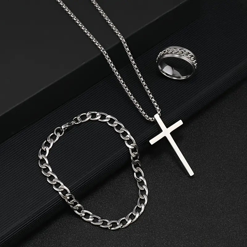 3pcs/set Fashion Stainless Steel Ring + Cross Pendant Necklace + Bracelet Set, Simple Men's Casual Jewelry Set, Accessories Gift For Men