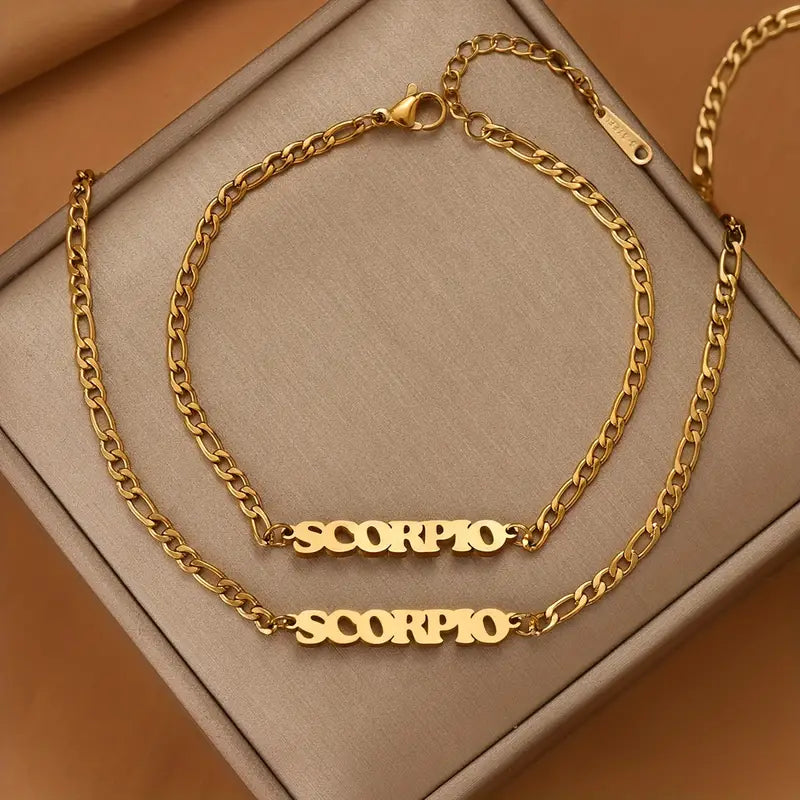 2pcs/set Golden Stainless Steel English Letter Pendant Necklace + Bracelet Set, For Daily Party Wear