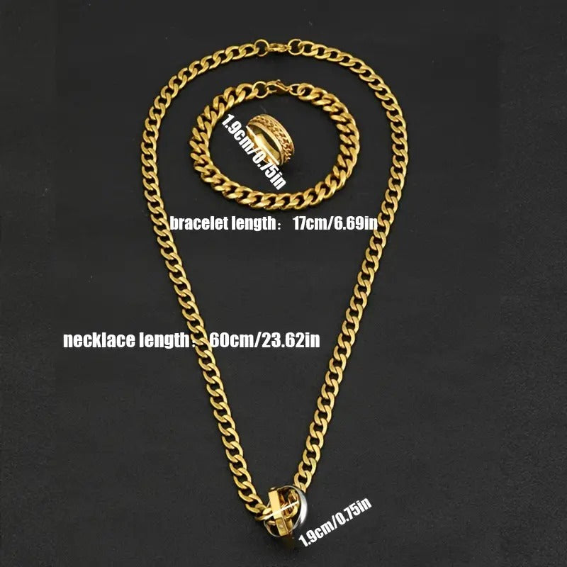 3pcs/set Fashion Stainless Steel Jewelry Set, Simple Golden Ring + Bracelet +Necklace Set, Men's Hip Hop Punk Style Accessories