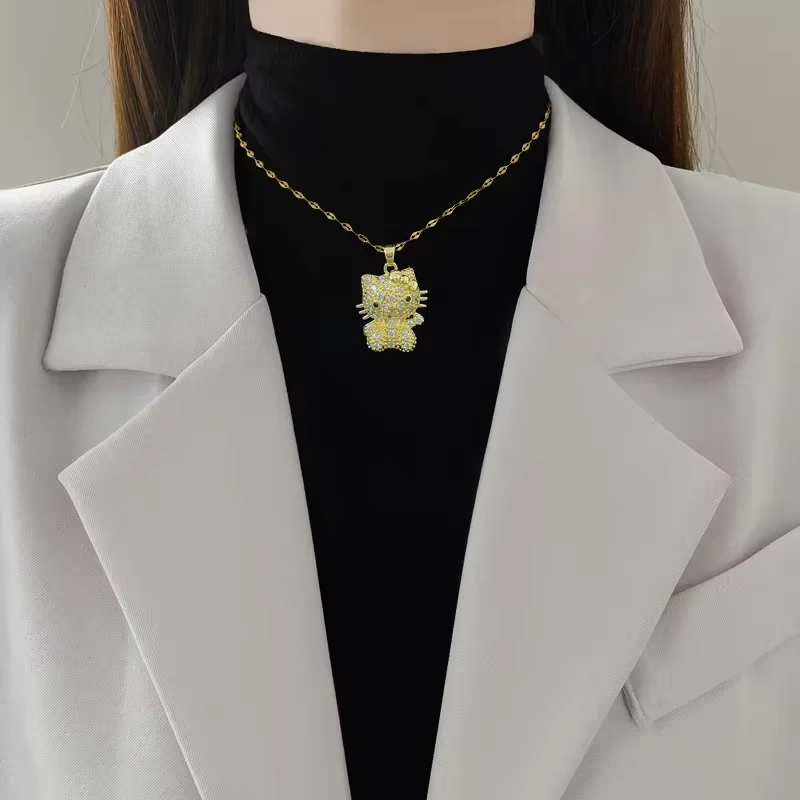 Stainless Steel Chain Cute Shiny Zircon Hello Kitty Pendant Necklaces for Women Girls Jewelry Christmas Gifts for Daughter QXL0656