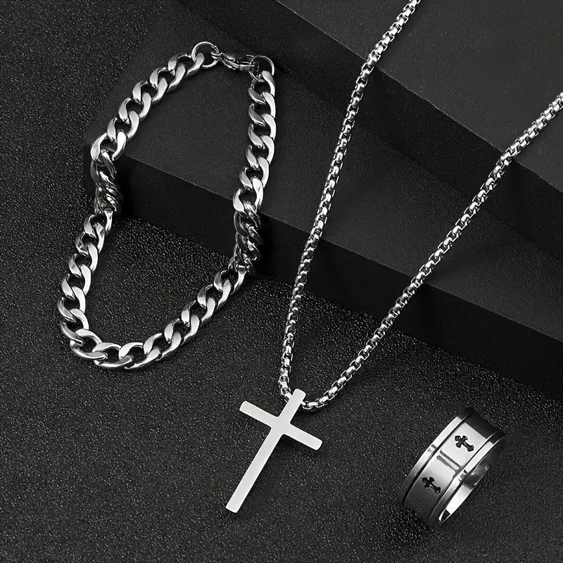 3pcs Hip Hop Style Stainless Steel Cross Pendant Necklace + Bracelet + Ring Set, Fashion Jewelry Set For Men