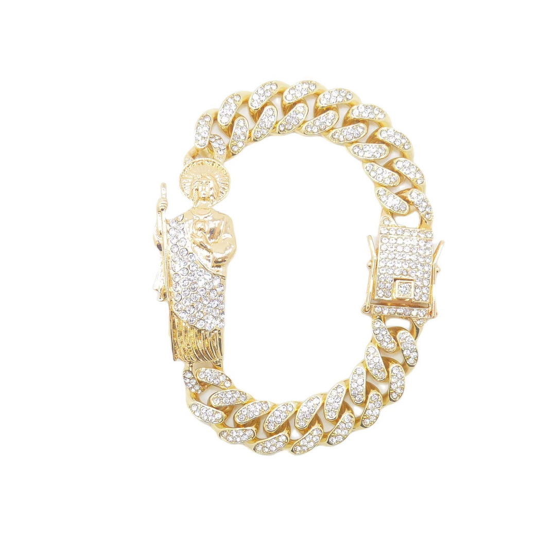 Gorgeous Rhinestone Gold Plated Color Cuban Chain St. Jude San Judas Bracelet