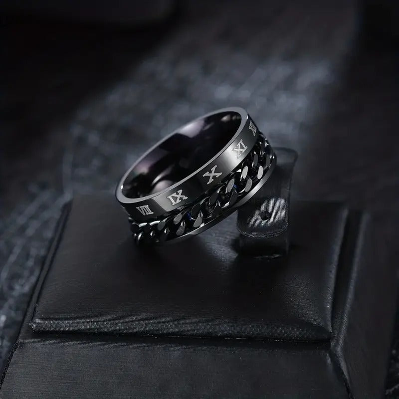 1pc Roman Numeral Ring Mens Black Turning Chain Stainless Steel Ring
