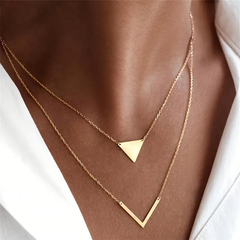 Vintage French-Style Double Layer Triangle and V-Shaped Pendant Necklace - Elegant Simplicity Copper No Mosaic Material for Daily & Gift Occasions