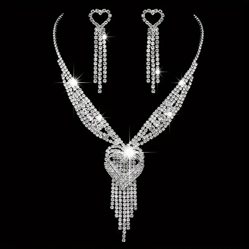 1 Pair Of Earrings + 1 Necklace Coquette Style Jewelry Set Cute Heart + Long Tassel Design Silver Plated Paved Shining Rhinestone Match Daily Outfits
