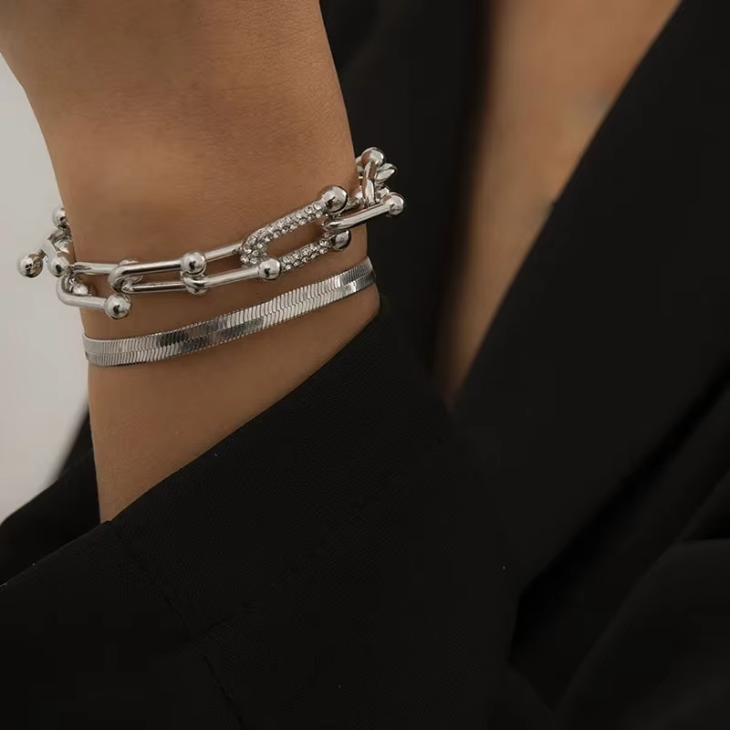 Ins Style 2 in 1 Bracelet Jewelry Set Extendable Stainless Steel Snake Chain Hoop Link Bracelet for Women Girls