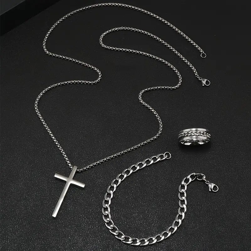 3pcs/set Fashion Stainless Steel Ring + Cross Pendant Necklace + Bracelet Set, Simple Men's Casual Jewelry Set, Accessories Gift For Men