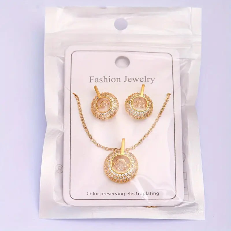 Hollow Round Jewelry Set 18K Plated Stainless Steel Zircon Earrings And Necklace Set Luxury Elegant Style Wedding Party Jewelry Set For Women Gifts For Valentine's Day