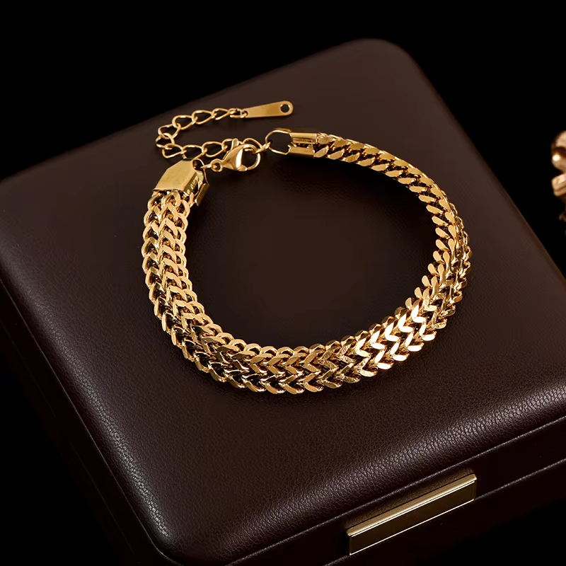 GANEMLY 316L Stainless Steel Cuban Wrist Chain Bracelet Bangle For Women Men Trendy 18K Gold Plated Waterproof Jewelry Bijoux