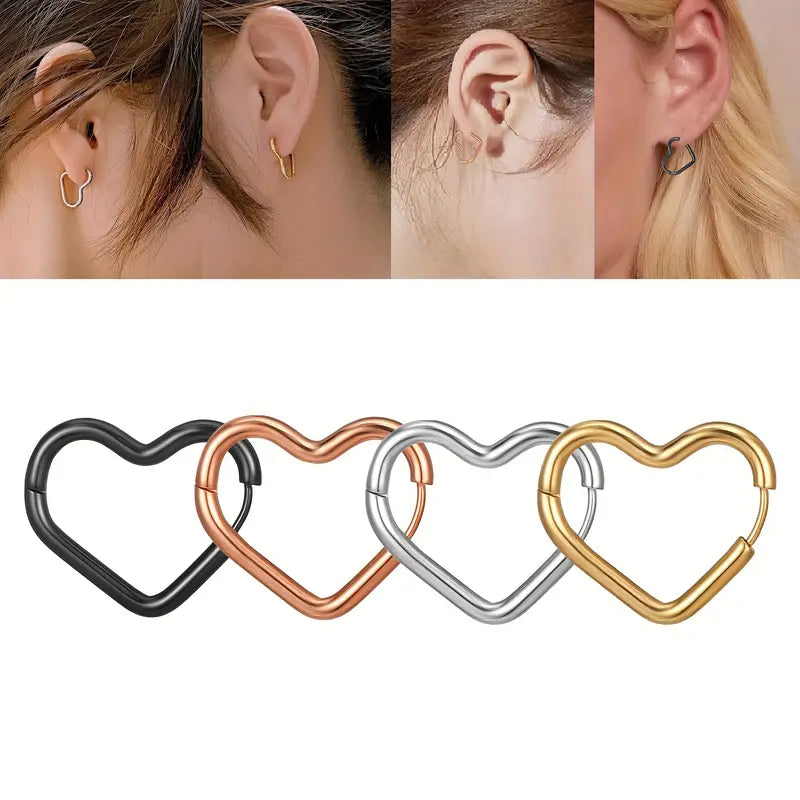 Simple Glossy Hollow Heart Design Hoop Earrings Stainless Steel 18K Plated Jewelry Elegant Leisure Style Daily Casual