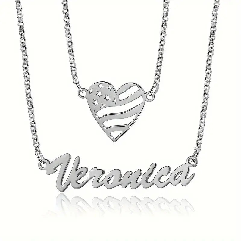 1pc Double Layers Love Heart Personalized Name Custom Necklace Double Layers Chain Neck Jewelry Decoration (English Only)