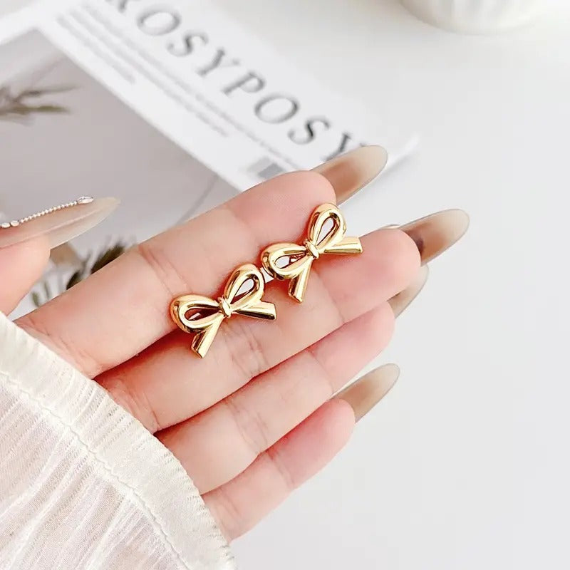 Mini Golden Bow Shaped Stud Earrings Stainless Steel Jewelry Elegant Leisure Style For Women Dating Earrings