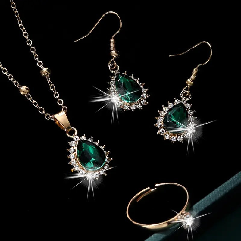 1 Pair Dangle Earrings +1 Pc Ring +1 Pc Necklace Stainless Steel Jewelry Set With Water Drop Shape Green Synthetic Gems Inlaid Trendy Female Gift