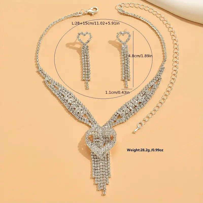 1 Pair Of Earrings + 1 Necklace Coquette Style Jewelry Set Cute Heart + Long Tassel Design Silver Plated Paved Shining Rhinestone Match Daily Outfits