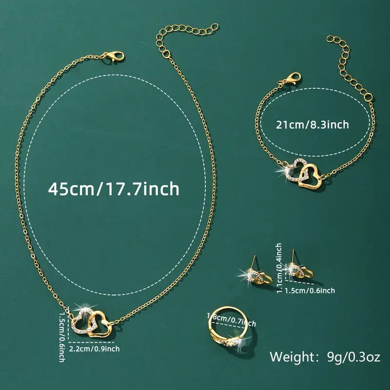 1 Pc Ring +1 Pc Necklace +1 Pc Bracelet +1 Pair Stud Earrings Stainless Steel Jewelry Set With Double Hollow Heart Design Rhinestones Inlaid Female Gift