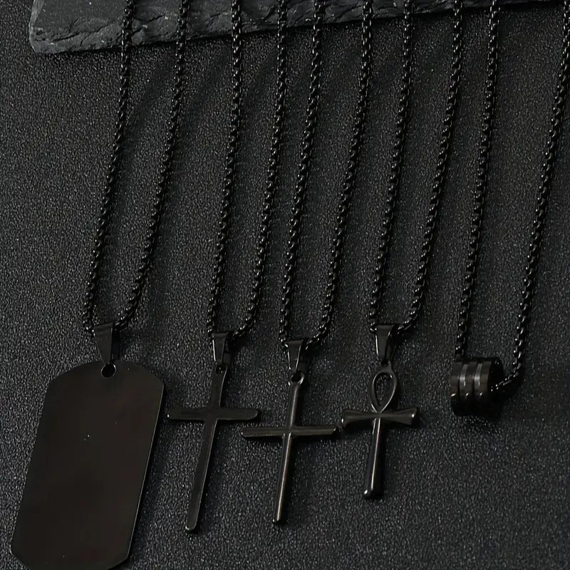 5pcs 23.62inch Fashionable Stainless Steel Necklaces, Classic Minimalist Black Cross Necklace, Men's Dating Casual Necklace Accessories