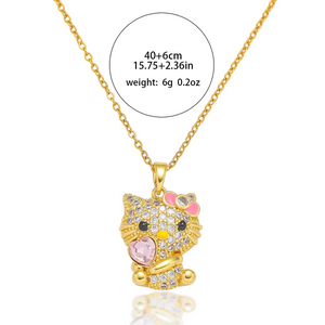 Gold Color Cute Shiny Zircon Hello Kitty Pendant Necklaces for Women Girls Pink Heart Crystal Charm Stainless Steel Jewelry Gift