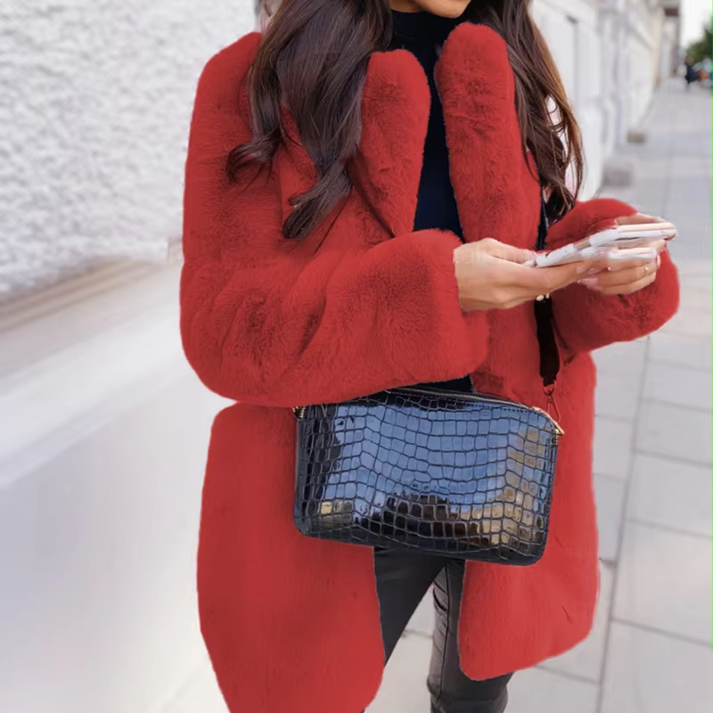 Elegant Long Sleeve Faux Fur Jacket Solid Color Warm Women's Overcoat Plus Size For Commuting European And American Style Leathe