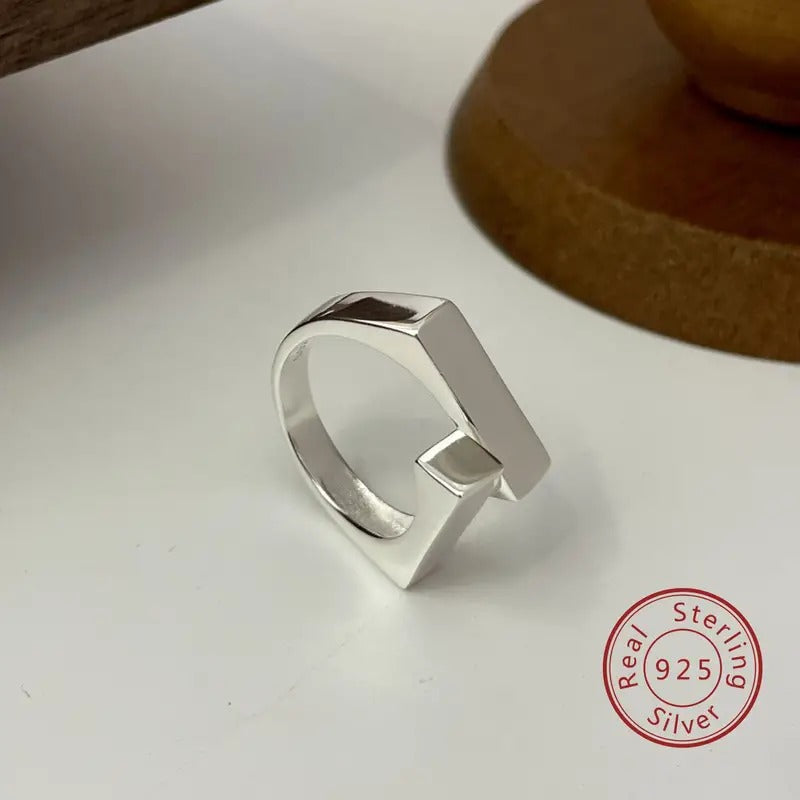 1pc Retro Unisex 925 Silver Square Glossy Open Ring For Men And Women, Adjustable Unisex Ring Suitable For Daily Wear, Simple Versatile Style Jewelry Gifts