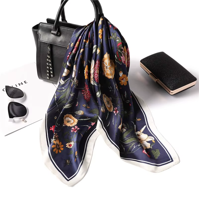 Fashion 70x70cm Silk Feeling Scarf Square Floral Printed Shawl Wrap Spring Summer Neckerchife Hair Band Lady Decor Foulard