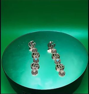Vintage Silver Interlocking G Drop Earrings with Turquoise Accents