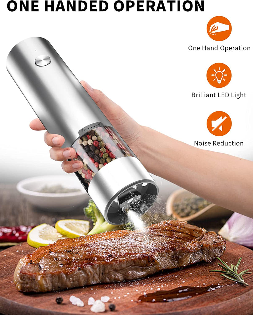 Electric Salt and Pepper Grinder Set, USB Rechargeable Automatic Salt Mill Set, Adjustable Coarseness & LED Light, Stainless Steel One Hand Operated, Large Capacity Pepper Grinder Refillable