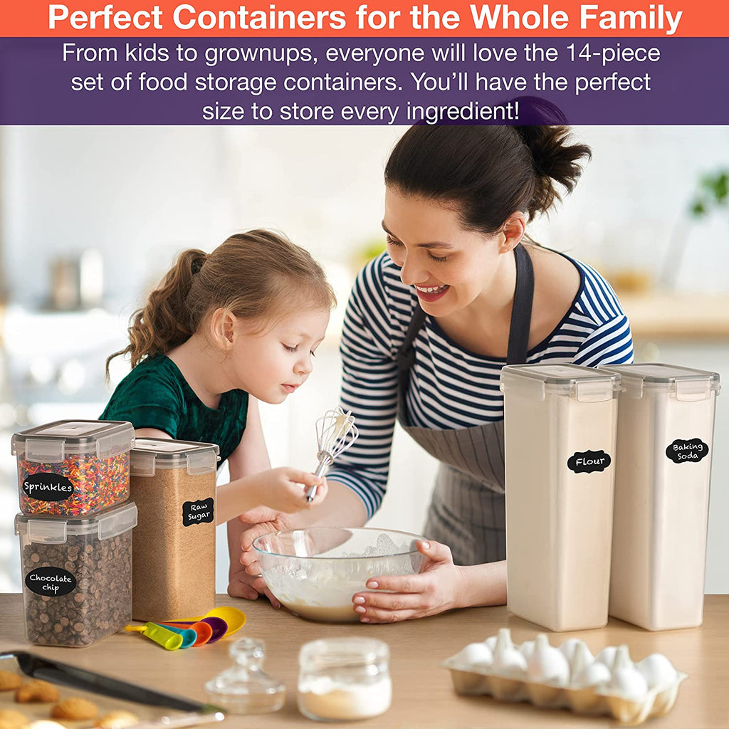 Airtight Food Storage Containers –14 Pack BPA Free Kitchen Organization Set for Pantry Organization and Storage, Plastic Canisters with Durable Lids Ideal for Cereal, Flour & Sugar (Black)
