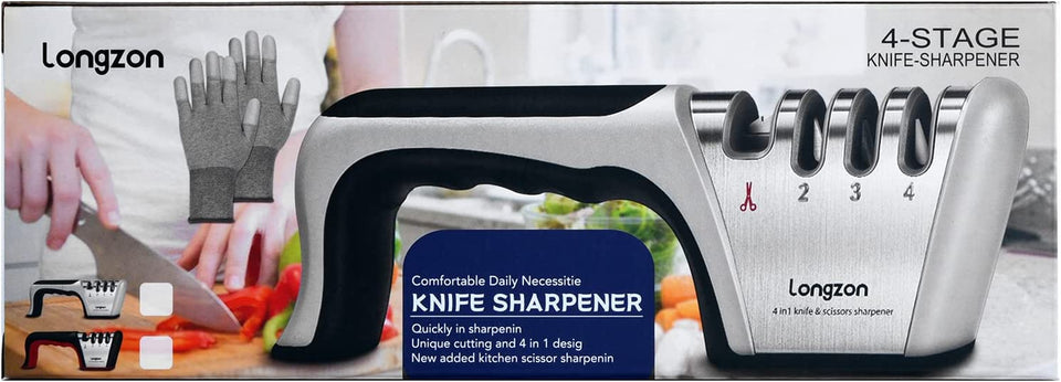  4-in-1 longzon [4 stage] Knife Sharpener with a Pair of  Cut-Resistant Glove, Original Premium Polish Blades, Best Kitchen Knife  Sharpener Really Works for Ceramic and Steel Knives, Scissors.: Home &  Kitchen