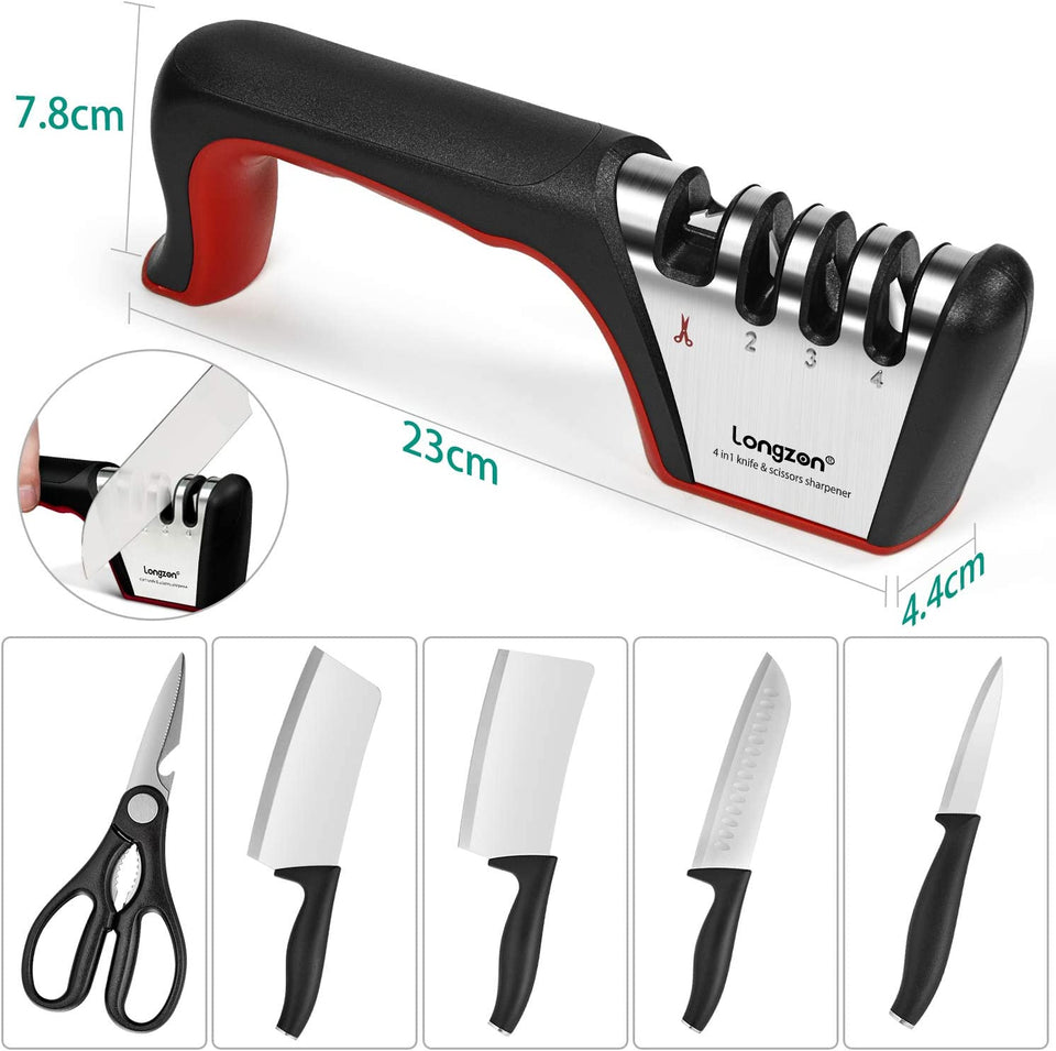 4-in-1 Kitchen Knife Accessories: 3-Stage Knife Sharpener Helps Repair, Restore, Polish Blades and Cut-Resistant Glove (Black)