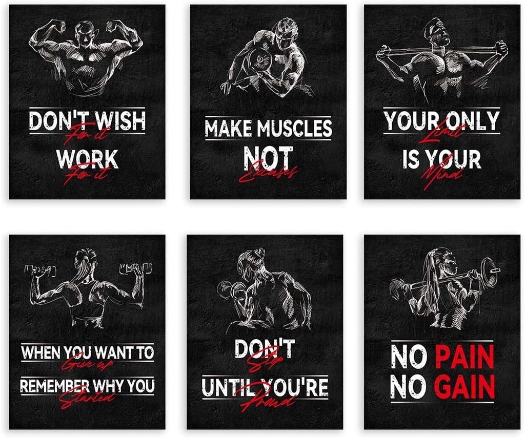 Inspirational Gym Quote Wall Art Print - Workout Fitness Canvas Print - Sports Themed Artwork for Gym Exercise Room Decor (Set of 6) - Unframed - 8X10 Inch