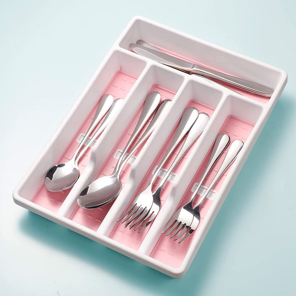 Silverware Organizer with Icons，Plastic Cutlery Silverware Tray for Drawer，Utensil Flatware Tableware Organizer for Kitchen with Non-Slip Tpr,Fits Standard Drawer,5-Compartment,Pink