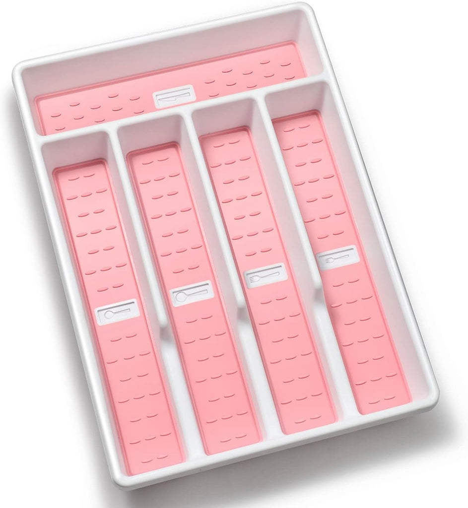 Silverware Organizer with Icons，Plastic Cutlery Silverware Tray for Drawer，Utensil Flatware Tableware Organizer for Kitchen with Non-Slip Tpr,Fits Standard Drawer,5-Compartment,Pink