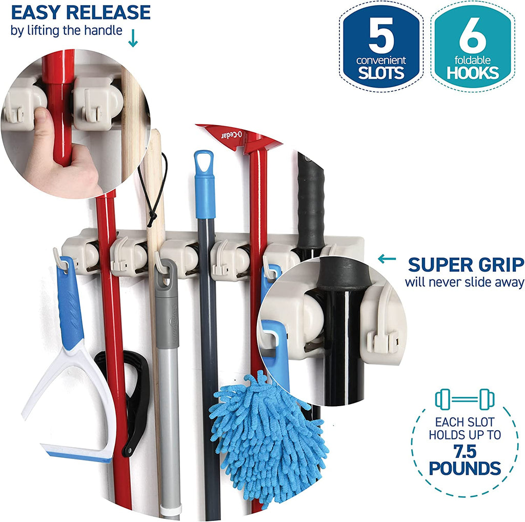 HOME IT Mop and Broom Holder - Garage Storage Systems with 5 Slots, 6 Hooks, 7.5Lbs Capacity per Slot - Garden Tool Organizer for 11 Tools - for Home, Kitchen, Closet, Garage, Laundry Room - Off-White
