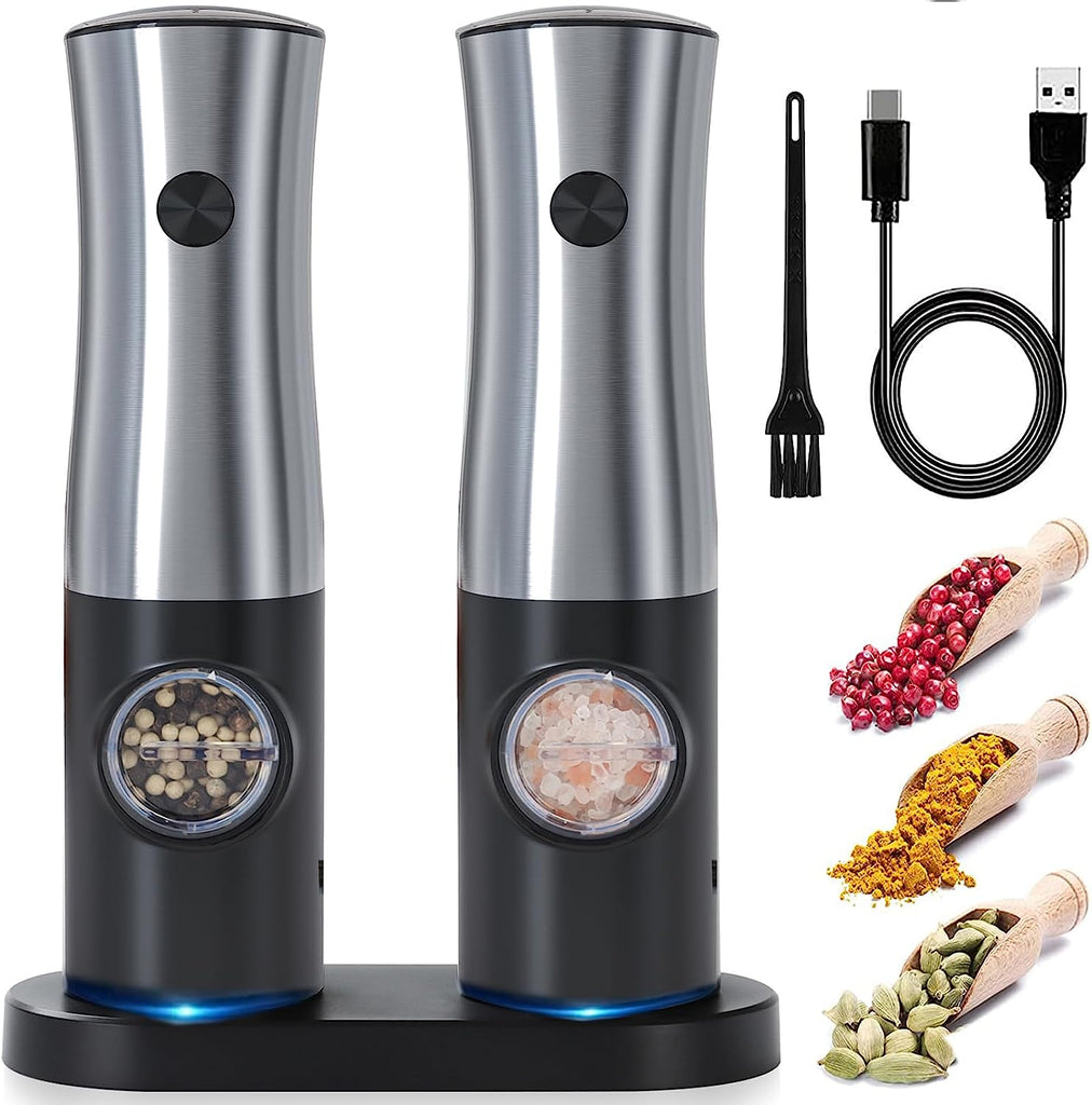 Electric Salt and Pepper Grinder Set of 2 -𝐔𝐩𝐠𝐫𝐚𝐝𝐞𝐝 USB Rechargeable Stainless Automatic Grinder with Charging Base, Adjustable Coarseness Electric Pepper Mill with Light, Bottom Cap,