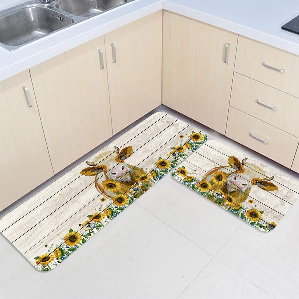Farmhouse Kitchen Rugs Set 2 Pieces, Farm Cow Sunflower Daisy Vintage Wooden Board Rustic Non Slip Comfort Standing Floor Mat, Entryway Doormat Water Absorbent Washable Runner 16"X24" + 16"X47"