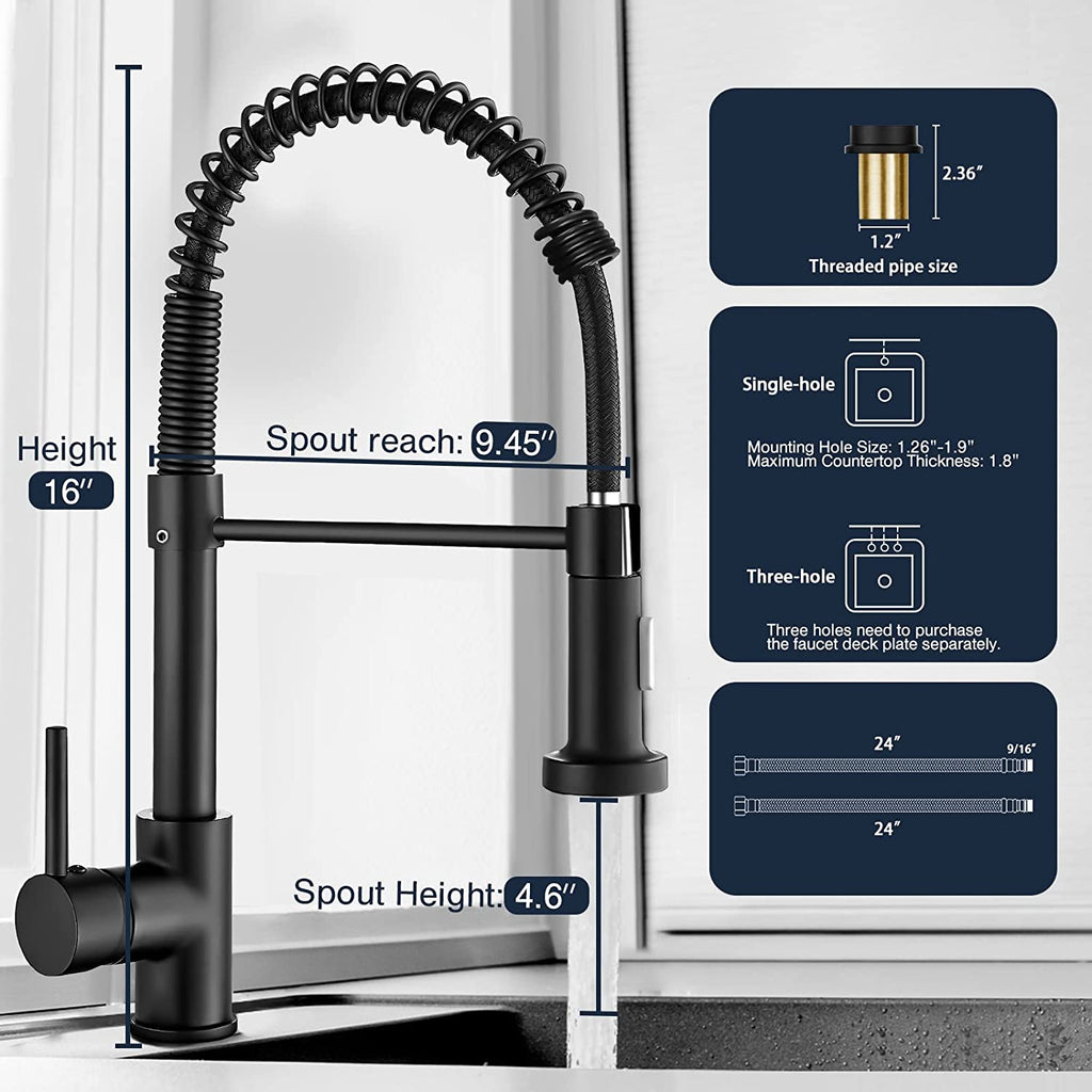 ZSW Kitchen Faucets with Pull down Sprayer, Commercial Industrial Spring Single Handle Stainless Steel & Solid Brass Kitchen Sink Faucets for Farmhouse Camper Kitchen Rv (Matte Black)