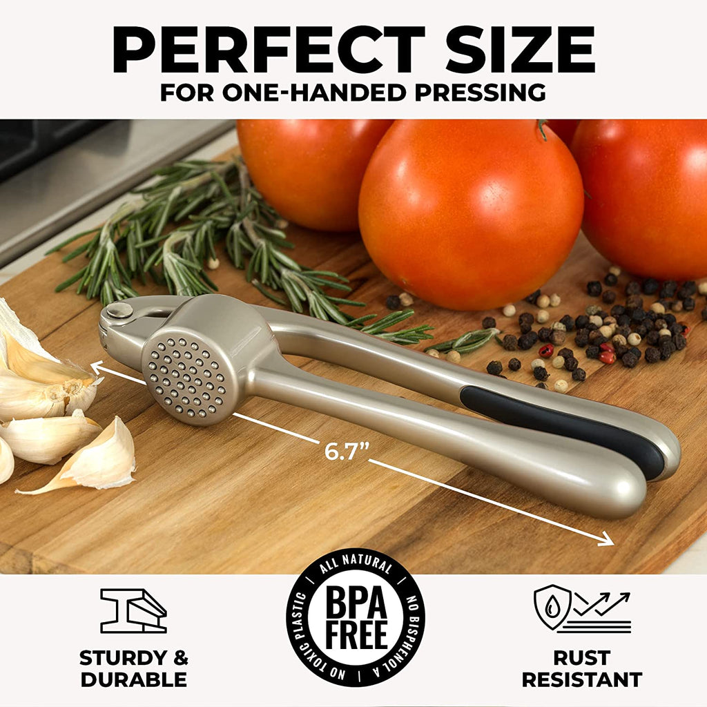 Premium Garlic Press with Soft, Easy to Squeeze Handle - Includes Silicone Garlic Peeler & Cleaning Brush - 3 Piece Garlic Mincer Tool - Sturdy Easy to Clean Garlic Crusher (Silver)