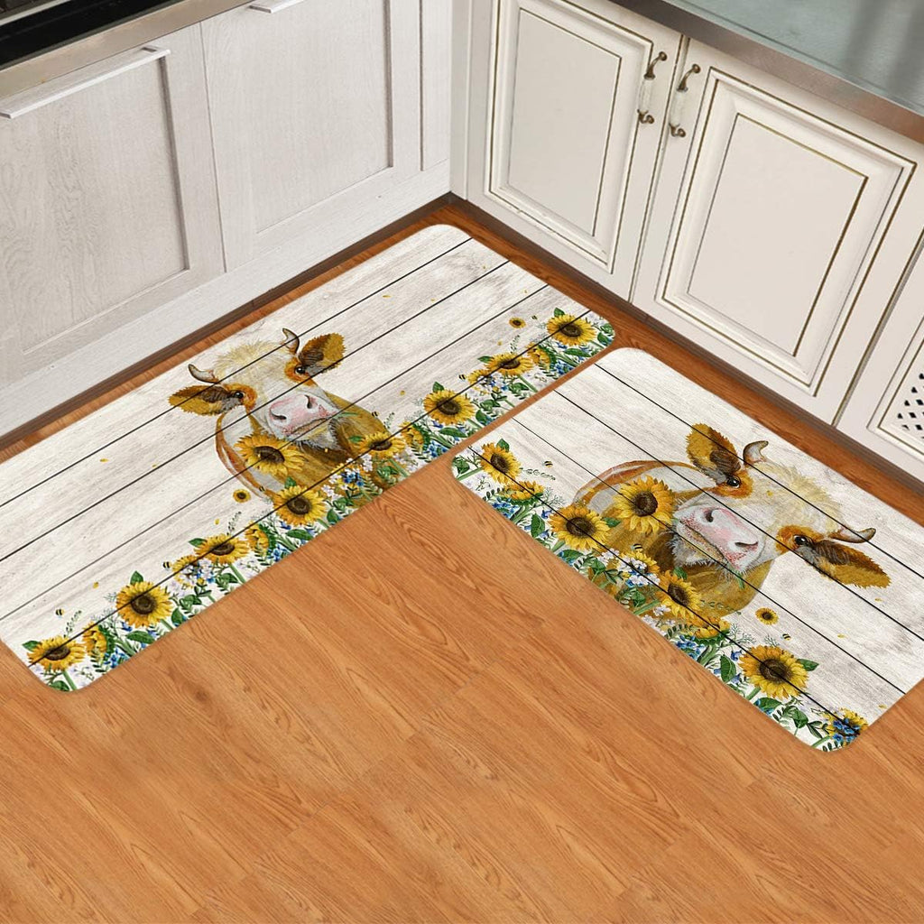 Farmhouse Kitchen Rugs Set 2 Pieces, Farm Cow Sunflower Daisy Vintage Wooden Board Rustic Non Slip Comfort Standing Floor Mat, Entryway Doormat Water Absorbent Washable Runner 16"X24" + 16"X47"