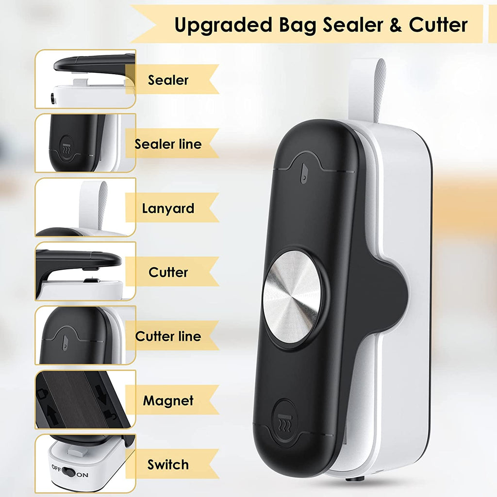 Bag Sealer, Heat Sealer with Cutter 2 in 1 Mini Bag Sealers, Portable Food Sealer Mini Sealing Machine Kitchen Gadget for Chip Bags Plastic Bags Food Storage (Battery Included)