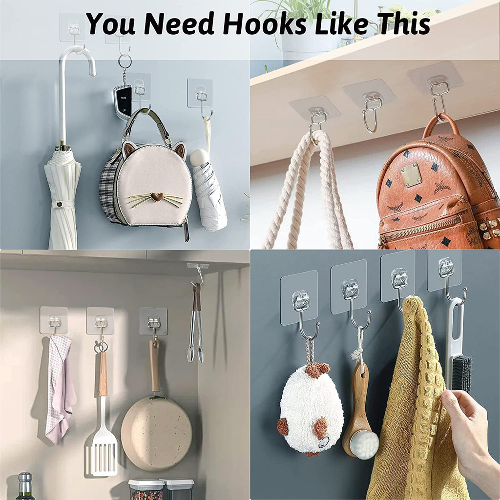 Large Adhesive Hooks, 16 Pack Heavy Duty Hold 44Lb(Max) Sticky Hooks, Waterproof and Rustproof Wall Hooks for Hanging, Self-Adhesive Traceless Clear Wall Hooks to Use for Kitchen Bathroom Home Office