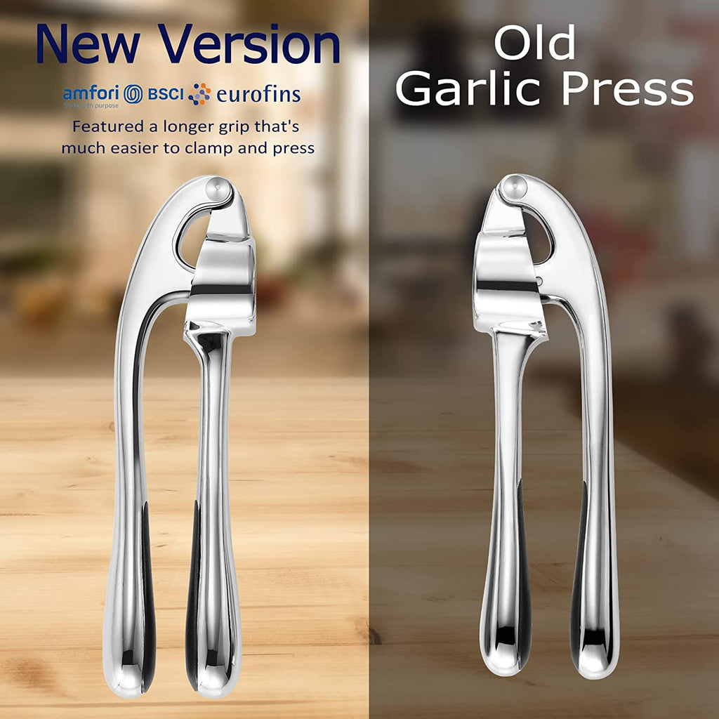 Premium Garlic Press, Garlic Mincer Set of 3 with Silicone Roller Peeler & Cleaning Brush - Gloss Silver