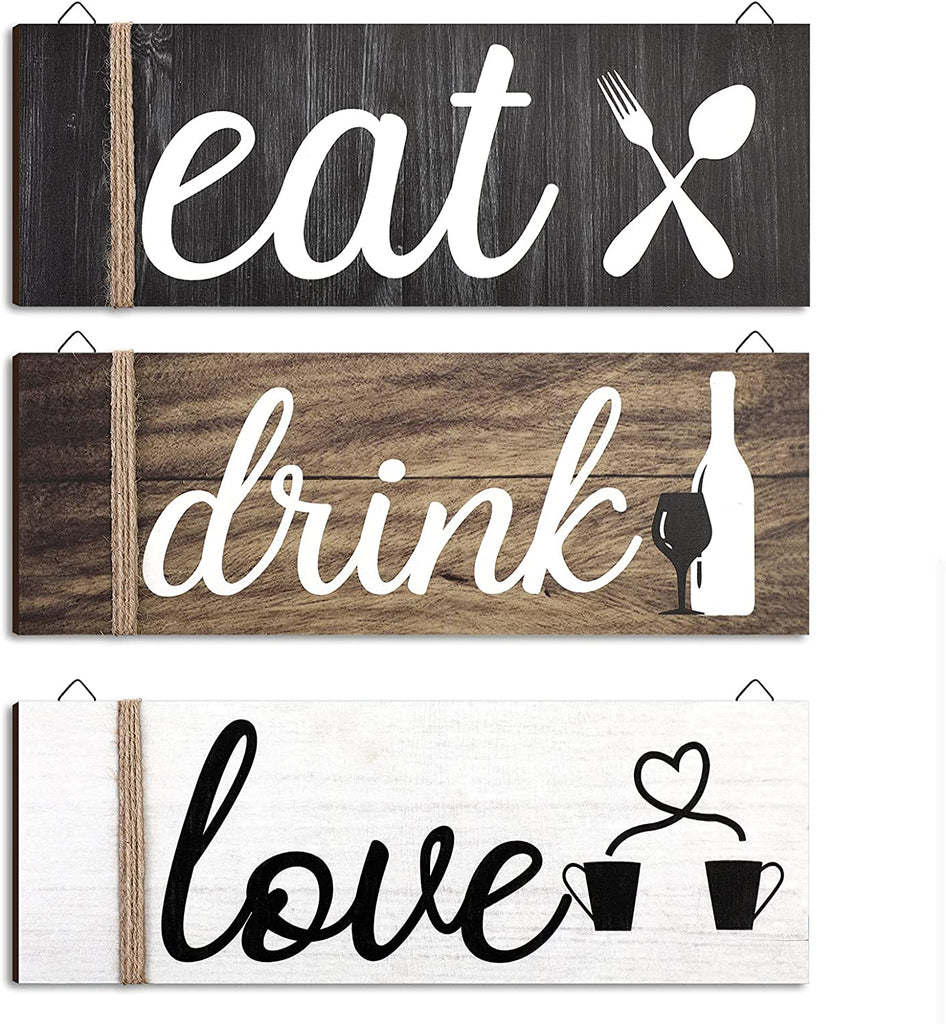3 Pcs Farmhouse Kitchen Wall Decor Eat Sign Rustic Wooden Kitchen Sign Wood Home Sign Eat Drink Love Sign with Hanging Hole for Home Kitchen Dining Living Room Bar Cafe Decor (Classic Color)